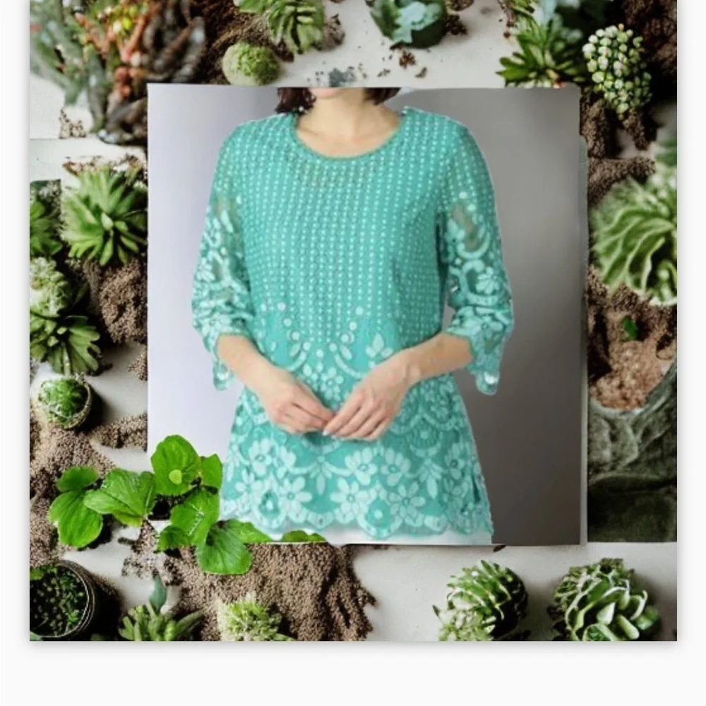 Isaac Mizrahi Live! Green Crochet Lace Overlay Tunic Top Sz Lg beautifu… - Picture 3 of 11